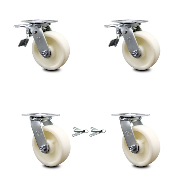 6 Inch Nylon Caster Set with Roller Bearings 2 Brakes 2 Swivel Locks SCC
